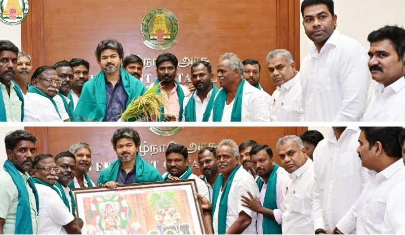 முதல்வர் விஜய்யுடன் பரந்தூர்  போராடக்குழுவினர் சந்திப்பு: நெல் நாற்றுகள் வழங்கி நன்றி