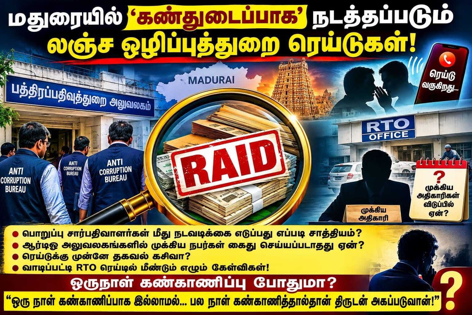 மதுரையில் ‘கண்துடைப்பாக’ நடத்தப்படும் லஞ்ச ஒழிப்புத்துறை ரெய்டுகள்? சிக்குவது கணினி ஆபரேட்டர்களும் பொதுமக்களுமா? தப்பிப்பது முக்கிய அதிகாரிகளா?